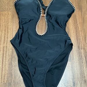 Black One-Piece Swim Suit with White Trim - Women Swim